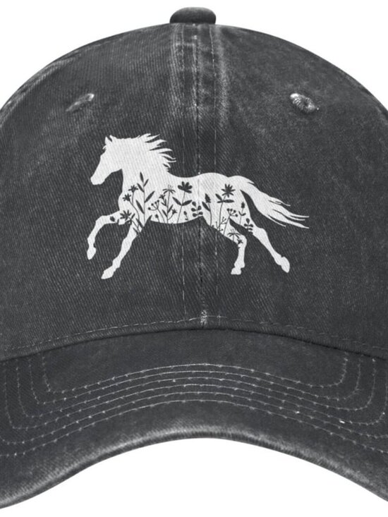 Women\'s Floral and Horse Hat Adjustable Washed Vintage Baseball Cap Black main image 4